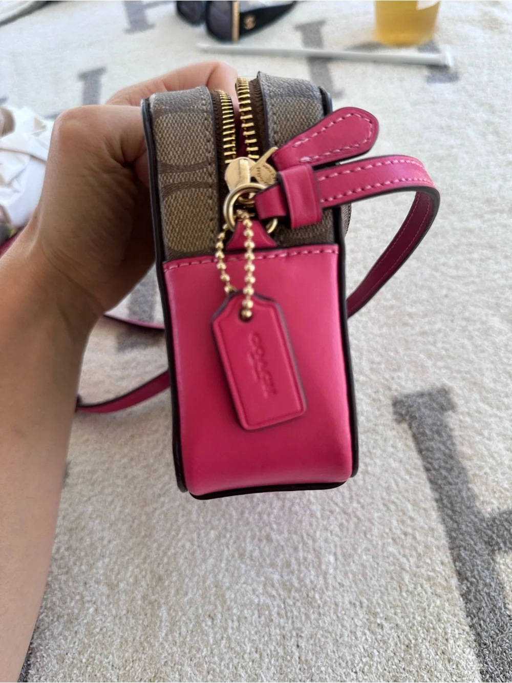 Coach Brown Signature Canvas Crossbody with Pink Trim